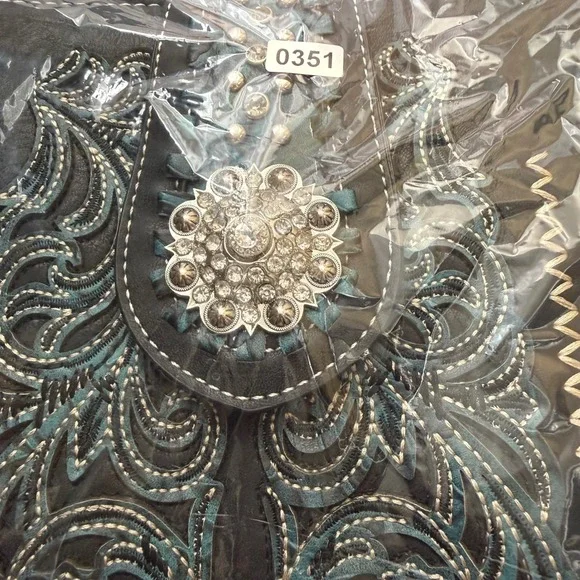 Western Embroidered Crossbody Bucket Bag Black Teal Floral Studded Concho Boho - Picture 14 of 14